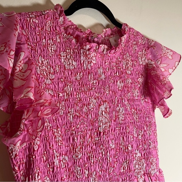 J. MARIE Pink Floral The Rosie Ruched Smocked Dress Large - Picture 4 of 7